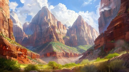 Sticker - A stunning view of Zion National Park's East Temple, with its towering rock spires and vibrant hues creating a dramatic and picturesque natural landscape