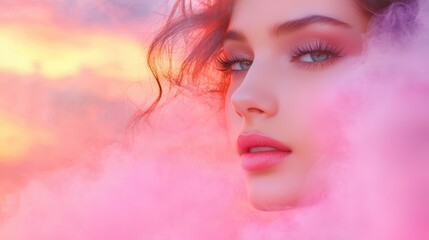 Wall Mural - Woman s Eye Makeup with Pink Smoke Effect  Beautiful Close Up Portrait