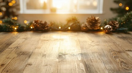 Poster - Festive Christmas Tabletop with Pine Branches and Lights