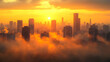 A panoramic view of a city skyline during sunrise with fog and clouds.