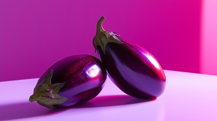 Two glossy eggplants on a white table shine against a deep purple backdrop, showcasing their beauty.