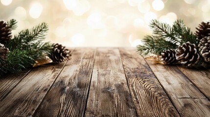 Wall Mural - Rustic Wooden Tabletop with Pine Branches and Pine Cones for Christmas and Winter Holidays