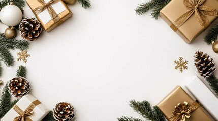 Canvas Print - Christmas Gift Boxes with Pine Cones and Pine Branches on White Background