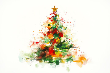 Generate a modern watercolor graphic design of a festive Christmas tree from a worms-eye view Include abstract shapes