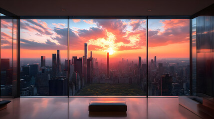 Wall Mural - A panoramic view of a cityscape with a sunset over a park from a large window.