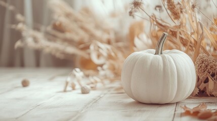 Wall Mural - Cozy Autumn Harvest: White Pumpkin on Rustic Wooden Table