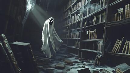 A ghostly figure with a ghastly smile, floating through a deserted library filled with old, dusty books and cobwebs.