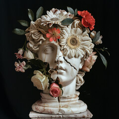 Wall Mural - Ancient broken Statue Head with flowers