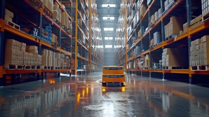 Wall Mural - An image of a warehouse with advanced robotic systems handling and sorting products, showcasing the future of automated warehousing