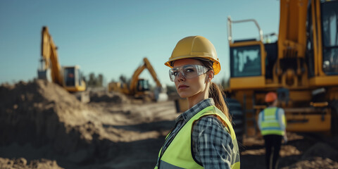 construction worker woman wearing PPEs, machinery in the background., excavator, construction site. hard hat, safety glasses, safety boots. Personal protection equipment