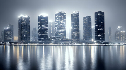 Wall Mural - A panoramic view of a modern cityscape at night with skyscrapers illuminated by bright lights reflected in the calm waters of a river or lake.