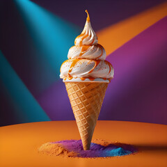 Ice cream in waffle cone on colorful background. 