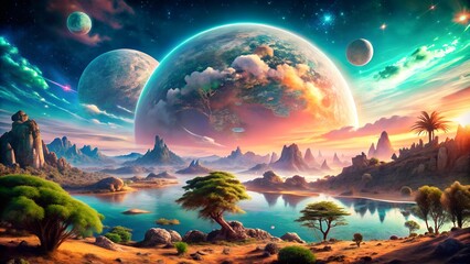 alien landscape, vibrant colors, multiple planets, serene lake, otherworldly vegetation, rock format