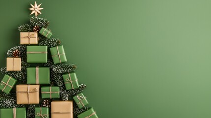 Wall Mural - Green Christmas Tree Shape with Gifts and Pine Branches on Green Background