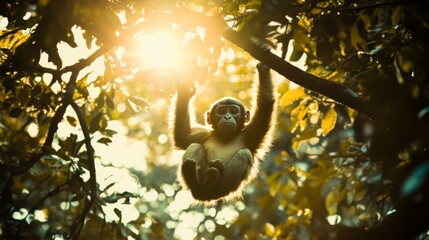 A young monkey hangs from a tree branch, backlit by the setting sun.