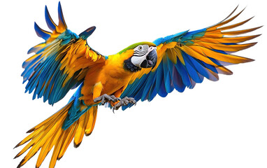 Exotic parrot in mid air on transparent background, png	