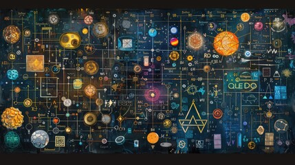 Artistic representation of the periodic table with annotations for each element, including their symbols, atomic numbers, and electron configurations