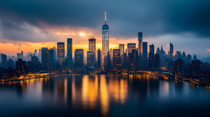 A panoramic view of the New York City skyline at sunset, with the sun reflecting off the water and the cityscape silhouetted against the clouds.