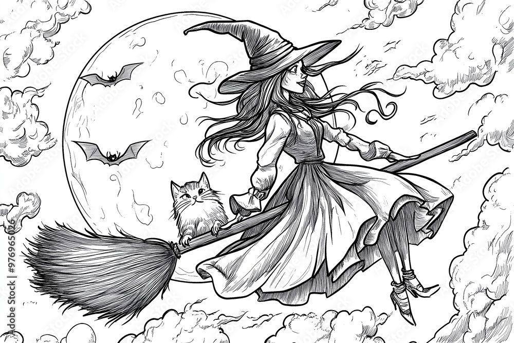 Smiling witch flying in front of a full moon – child-friendly coloring ...