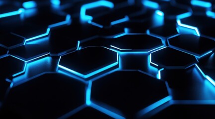 Poster - A black background with hexagonal patterns illuminated in blue, creating an abstract and futuristic wallpaper for digital or tech-themed designs. 