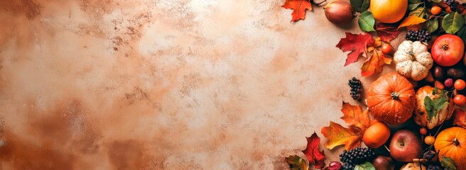 Wall Mural -  Thanksgiving and autumn decoration concept made from autumn leaves, pumpkins, and fruits on a beige background with copy space.