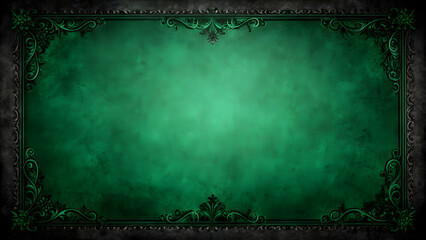 Elegant dark emerald green background with black shadow border and old vintage grunge texture design, elegant