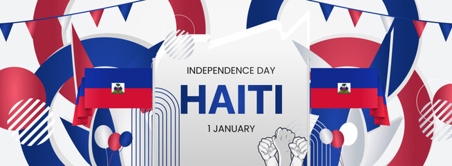 Wall Mural - Haiti Independence Day background with raised fist and abstract shapes in flag colors, blue and maroon. Modern design for Haiti national holiday greeting cards, horizontal posters and sporting events