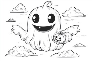 Happy Ghost with a Pumpkin, Surrounded by Soft Clouds, as a Simple Coloring Page