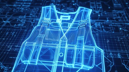 Wall Mural - Blueprint of a high-visibility vest with reflective strips, showing how it enhances visibility and safety for workers in low-light or high-traffic environments.