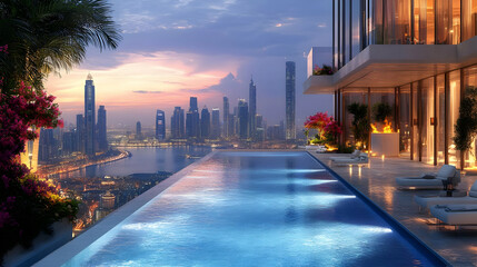 Poster - A rooftop infinity pool overlooking a modern city skyline at sunset.