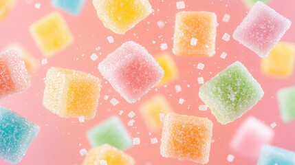 Wall Mural - Colorful Sugar Coated Jelly Cubes Floating on Pink Background