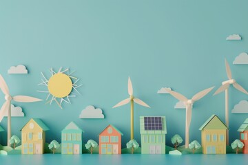 sustainable homes, renewable energy, eco friendly living, colorful houses, green technology, paper art, sunny landscape