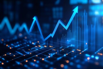 3d Blue growth graph business chart data diagram on success financial presentation background with abstract up arrow bar symbol or finance marketing price statistic and economy market 