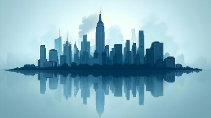 Wall Mural - A silhouette of a city skyline with skyscrapers reflected in the water.