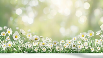 Poster - White Daisies in a Green Meadow with a Wooden Tabletop