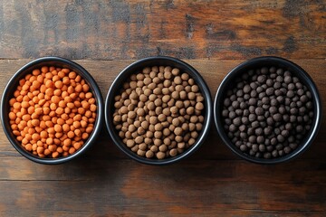 Three bowls of different colored dog food are on a wooden table. The bowls are black and the food is in various colors