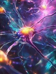 Poster - neuron and neuron connections, colorful background, glowing