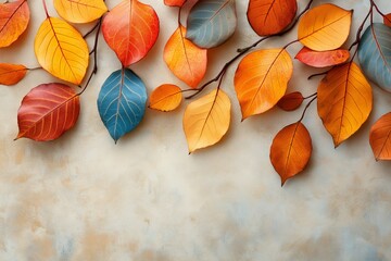 Wall Mural - A colorful leafy border with orange and blue leaves. The leaves are arranged in a way that they create a sense of movement and flow. Scene is warm and inviting, evoking the feeling of autumn