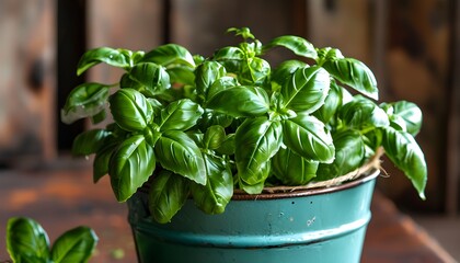 Wall Mural - Vibrant green basil flourishing in a rustic tin bucket