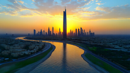 Wall Mural - A stunning aerial view of a modern city skyline at sunset with a tall skyscraper in the center.