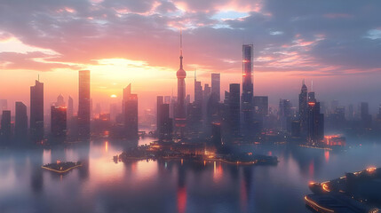 A stunning aerial view of a modern city skyline at sunrise, with the sun casting a warm glow over the cityscape.