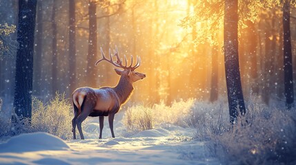 Poster - Majestic Deer in a Snowy Winter Forest