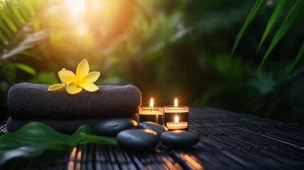 Poster - A candle and two towels on a table with candles, AI