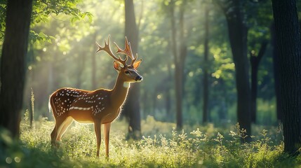 Sticker - Serene deer standing gracefully in a sunlit forest, showcasing the beauty of nature and wildlife in a tranquil environment.