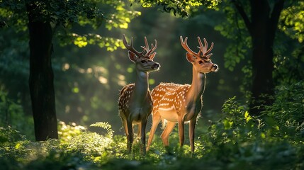 Poster - Two majestic deer stand gracefully amidst lush greenery, illuminated by soft sunlight filtering through the trees. 