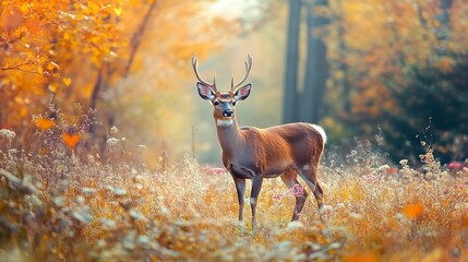 Canvas Print - A beautiful, majestic deer stands alone in the midst of a field with autumn trees and flowers