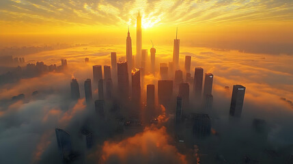 A stunning aerial view of a modern city skyline bathed in the golden glow of a setting sun, with clouds swirling around the skyscrapers, creating a dramatic and ethereal scene.