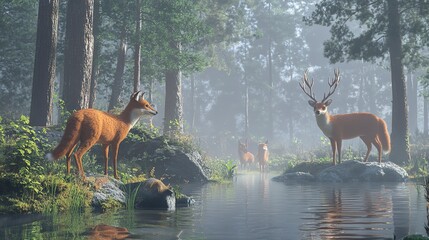 Wall Mural - Forest animals, deer and foxes, misty woodland, 3D illustration 