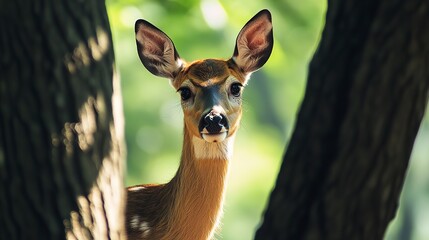 Wall Mural - deer in the wild and in the woods on a sunny summer day framed by two trees and shadows on the face.