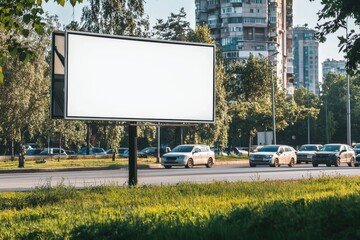 In the city, an advertisement is displayed on a white billboard. It is a sunny day, with a blue sky and a few white clouds in the sky.